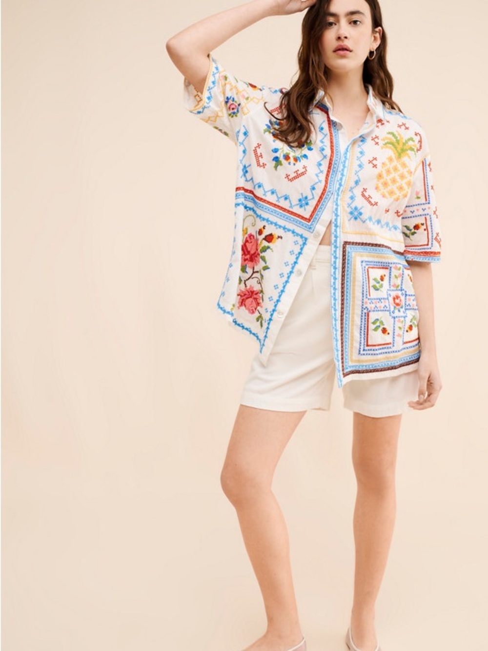 FARM Rio White Button-Down Shirt with Colorful Embroidered Motifs